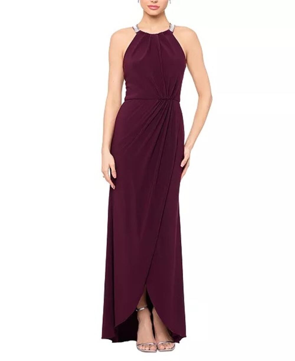 Betsy & Adam Embellished-Neck Draped Gown Women's 10 Burgundy NWT